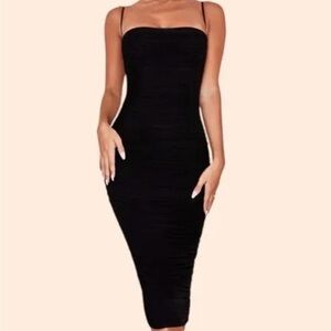 HOUSE OF CB “Sirene” Runched Black Mesh Bodycon Midi Dress Sz XS